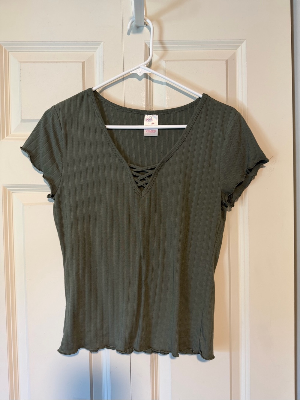 No Boundaries Olive Ribbed Lace-Up V-Neck Short Sleeve Top